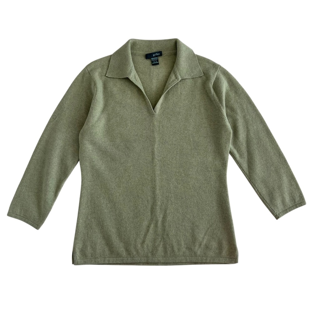 Griffen 100% Cashmere Pistachio Green V Neck Collar Polo Sweater SZ M Vintage